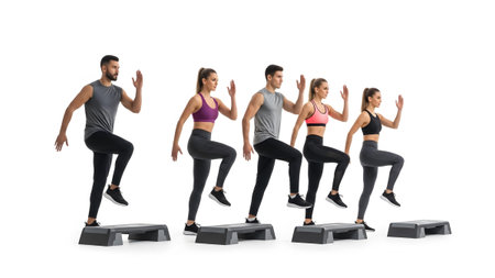 Athletic showing group of five people performing step aerobics on white background in athletic...