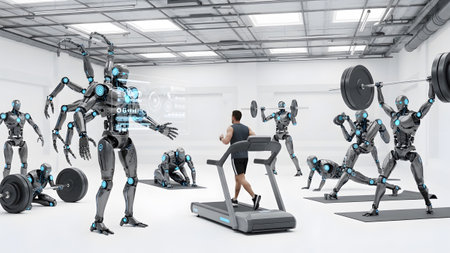 Various showing robots and a human man engage in various fitness activities within a modern,...