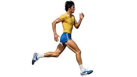 A lean man wearing a yellow t-shirt and blue shorts runs with intensity on a white background.