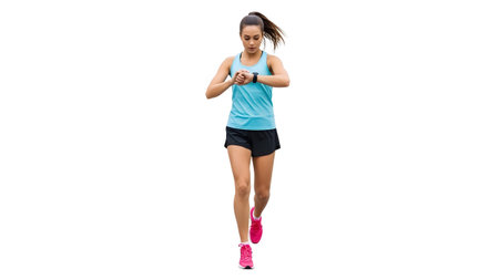 A woman in athletic clothing runs forward, looking at her smartwatch on a clean white background.