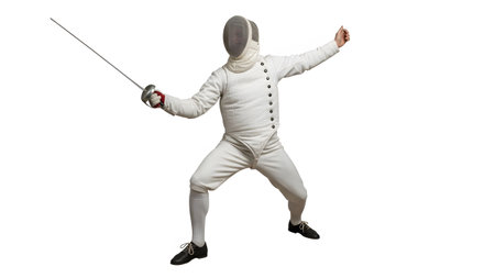 A fencer in a white uniform and mask holds a foil sword in an extended attacking position with a...