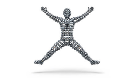Silver showing human figure composed of small silver spheres jumping with arms outstretched...
