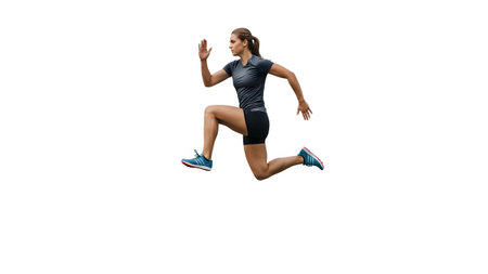 A woman in athletic clothing is captured mid-air, performing a dynamic jumping motion....