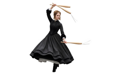 Black showing victorian woman in black dress juggling wooden clubs on white background.