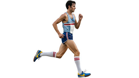 Tank showing male runner in light blue and white tank blue shorts with white socks and blue...