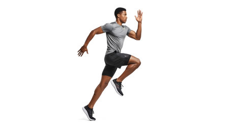 White showing athletic african american man in grey t-shirt and black shorts running fast on...