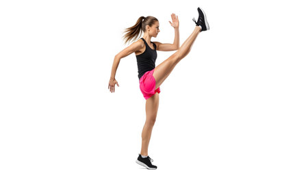A fit woman in athletic wear executes a dynamic kick with her left leg extended upwards on a...