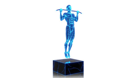 Isolated showing blue wireframe human figure performing pull up on bar isolated on white.