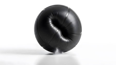 Dust showing black exercise ball with indentation and dust on white background. resolution...