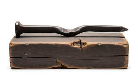 Resting showing bent metal railroad spike resting on dark cracked wooden beam. resolution...
