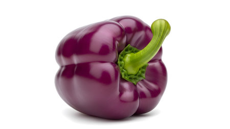 A deep purple bell pepper with a vibrant green stem is positioned at a side angle on a stark...の写真素材