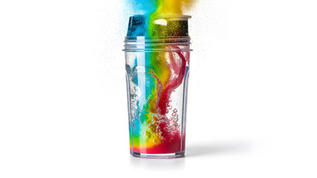 A clear shaker bottle contains swirling liquid and an explosion of vibrant red, yellow, and blue...