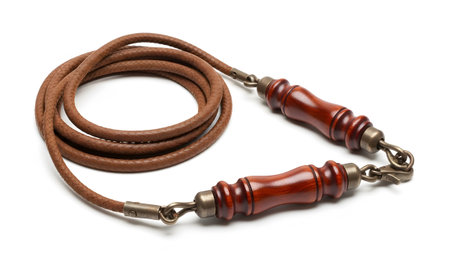 Jump showing brown leather jump rope with polished wooden handles and metal fixtures on white....