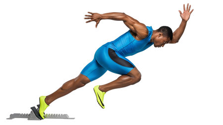 A male sprinter in a blue racing suit powerfully pushes off from starting blocks, captured in a...