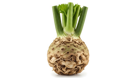 A fresh celeriac root vegetable with vibrant green stalks and a mass of fibrous roots is...