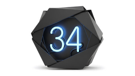 (2023) showing geometric black frame with glowing blue neon number 34 inside on a white...