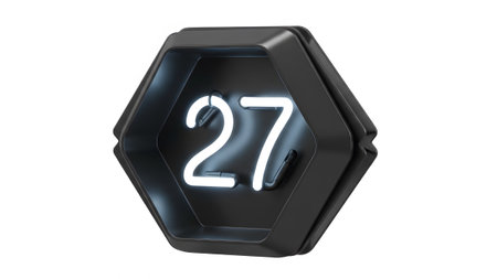 Hexagonal showing hexagonal black frame with glowing white neon number 27 inside on a white...