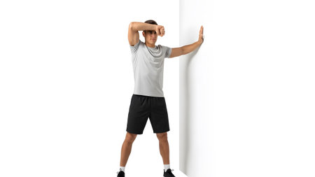 A man in athletic clothing performs a chest and arm stretch against the corner of a white wall.