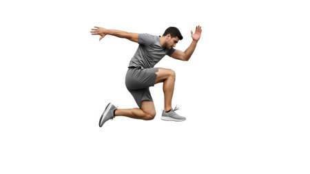 White showing man in grey athletic shorts and t-shirt in a dynamic mid-air jump on white...の写真素材