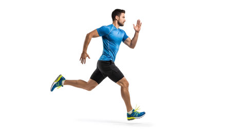 Fit man in a blue t-shirt and black shorts runs dynamically with arms pumping on a clean white...