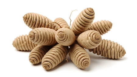 Dried showing a cluster of dried galingale rhizomes with textured brown skin arranged on a white...