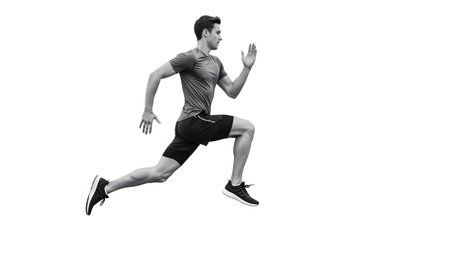 Lifestyle showing athletic man running with determined expression on white background