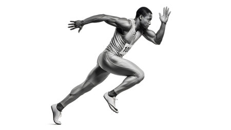 A monochrome of a male athlete in full sprint, arms pumping, legs extended, with a focused...