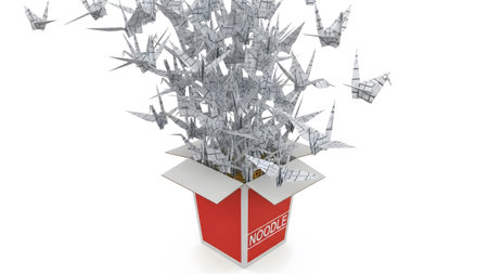 Origami showing red box overflowing with white origami cranes on white background.