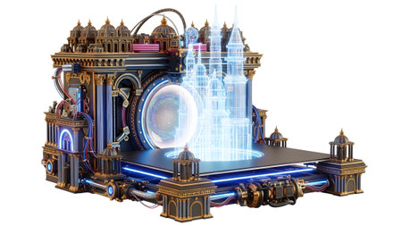 Base showing ornate futuristic castle hologram display with intricate mechanical base.