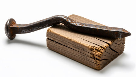 Iron showing rusty bent iron railroad spike resting on a weathered cracked wooden block against...