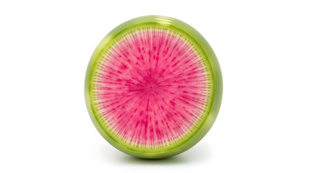 White showing sliced green radish revealing radial pink pattern on white background.の写真素材