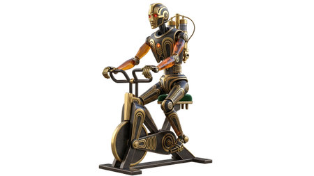 Stationary showing steampunk robot exercising on a stationary bicycle with glowing red eyes....の写真素材