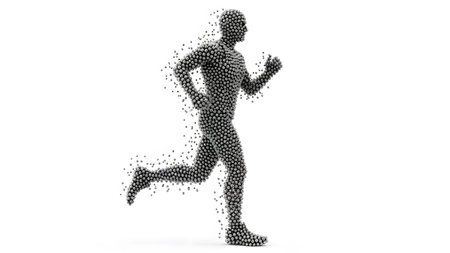 A 3D rendered metallic sphere human figure in a running pose on a white background....