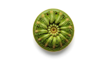 A tightly coiled green fern frond intricate spiral patterns and textured edges against a plain...