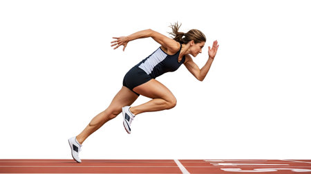 Athlete showing female athlete in full sprint on a red running track with white lane markings...