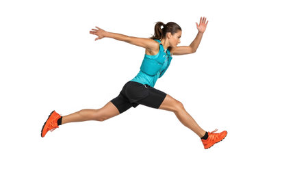 Mid-air showing female athlete in mid-air during a running jump against a clean white...