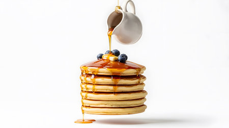 From showing stack of golden pancakes with blueberries and syrup pouring from jug.