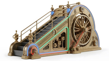 Gears showing steampunk staircase with gears and neon lights on background.