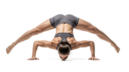 Woman in grey sports bra and shorts in advanced yoga pose on white background.