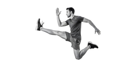 Dynamic black and white of a man in mid-air, executing a powerful jumping split kick on white...の写真素材