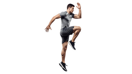 Background showing athletic man in mid-air performing a knee running motion on white background....