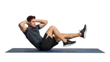 A man in sportswear performs sit-ups on a blue mat, hands behind head, isolated on white.