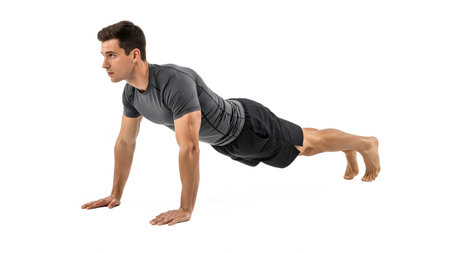 Performing showing man in athletic wear in a plank position performing a push-up on a white...