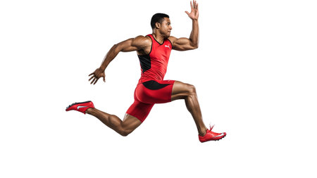 A male athlete in a red and black running outfit is captured mid-stride, leaping forward with...