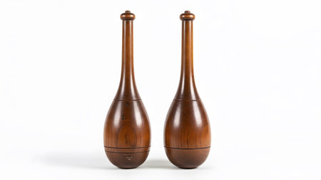 Isolated showing two antique wooden indian clubs with polished smooth surfaces and rounded tops...