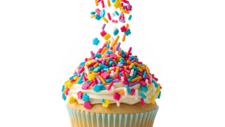 Cupcake showing vanilla cupcake with white frosting and falling rainbow sprinkles on white...