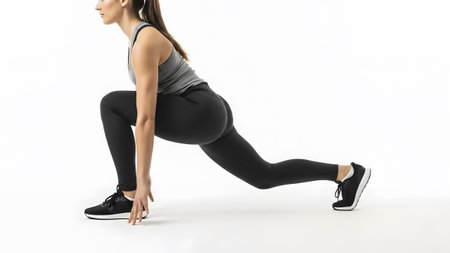 A woman in black leggings and a grey tank performs a lunge on a white background....