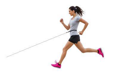 A woman in athletic wear runs forward with a resistance band attached to her waist and shoes.