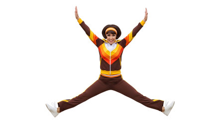 A woman in a colorful 1970s tracksuit performs a jumping jack with arms and legs spread wide.