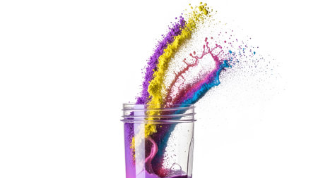 Streams showing vibrant purple yellow and pink powder streams pouring into a glass of water with...